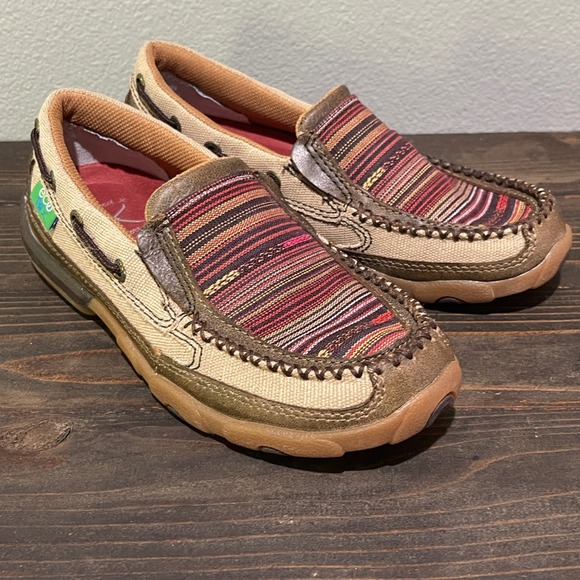 Twisted X Women's Canvas Stripe Driving Mocs Shoes‎ Size 5.5 With Leather - Picture 1 of 13